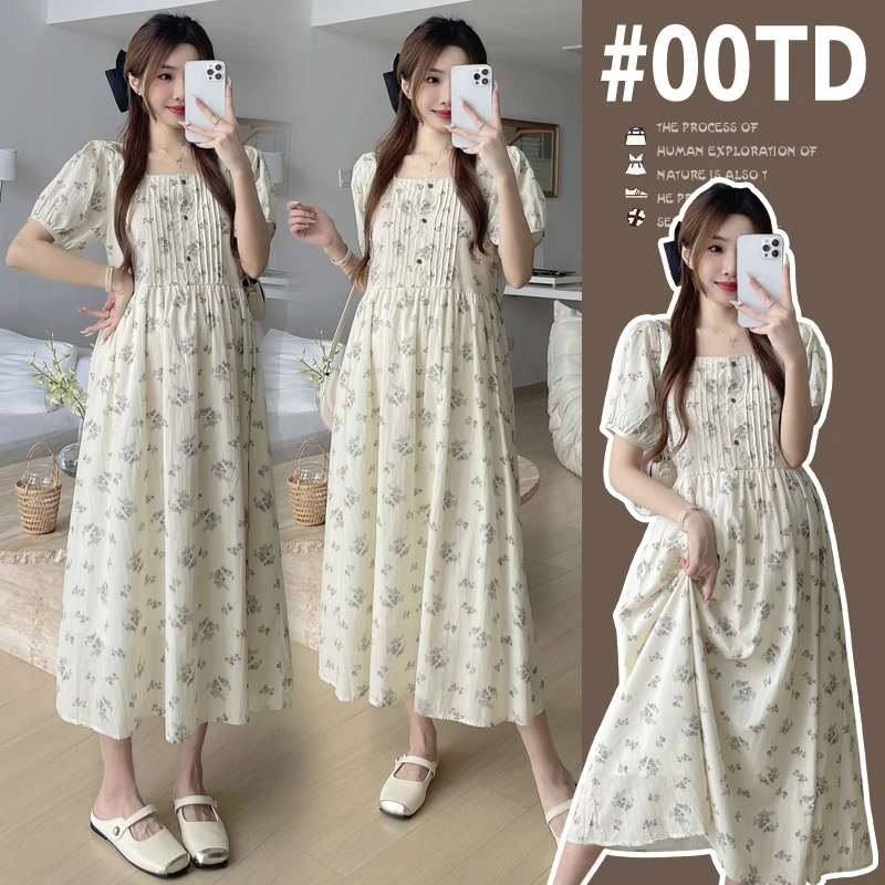 黔允（可开扣哺乳）孕妇装夏季新款时尚碎花中长款方领孕妇连衣裙