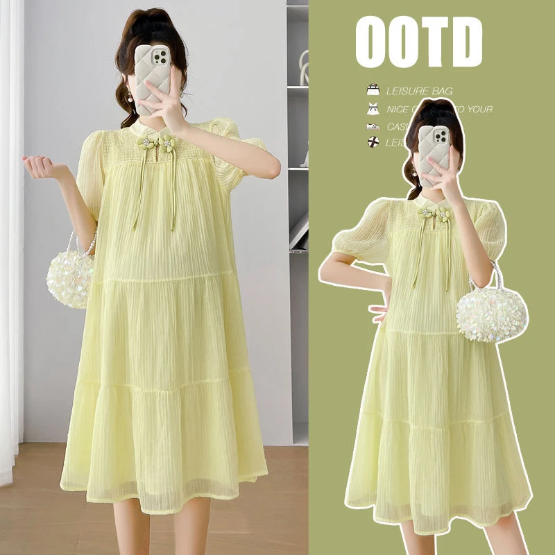 黔允孕妇装夏季新款时尚中式盘扣泡泡袖甜美雪纺遮肚孕妇连衣裙