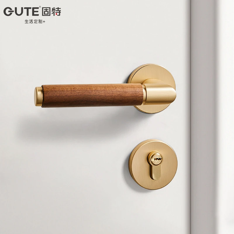 固特黑胡桃原木门锁家用通用型金色房门锁室内卧室门把手磁吸静音
