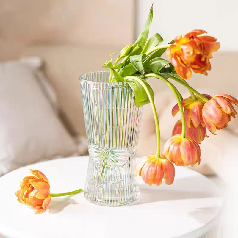 欧式简约ins风轻奢创意蝴蝶结设计透明玻璃花瓶鲜花水培插花摆件