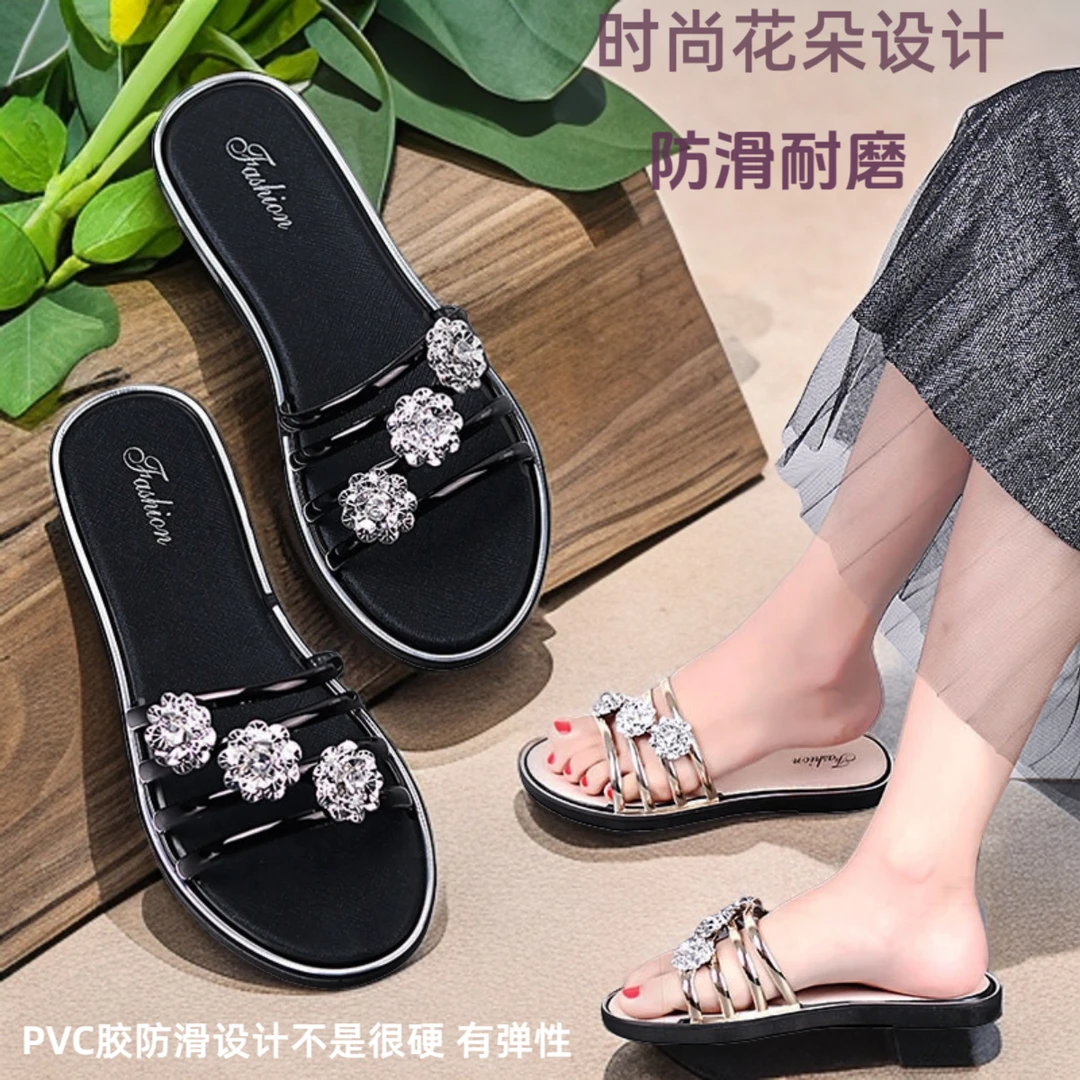 防滑时尚花朵水钻平底女士休闲鞋子凉女款2025拖鞋女鞋十三行女鞋