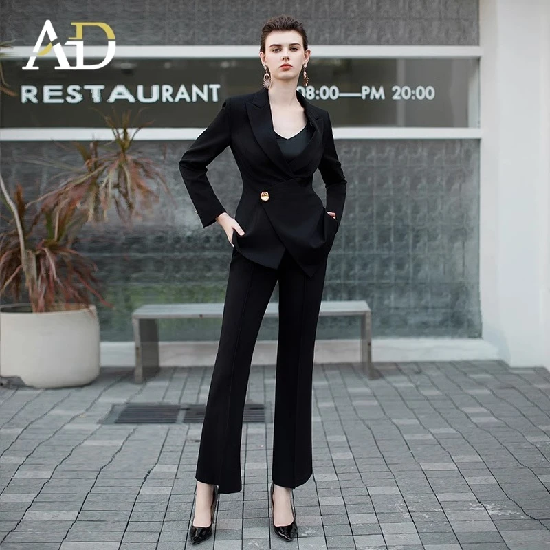 AD黑色围裹式翘肩西装套装女金属一粒扣西服外套洋气九分阔腿裤子