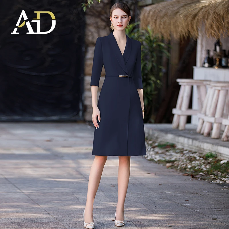 AD职业连衣裙女气质工作服高端主持人正装套裙显瘦蓝色工装夏