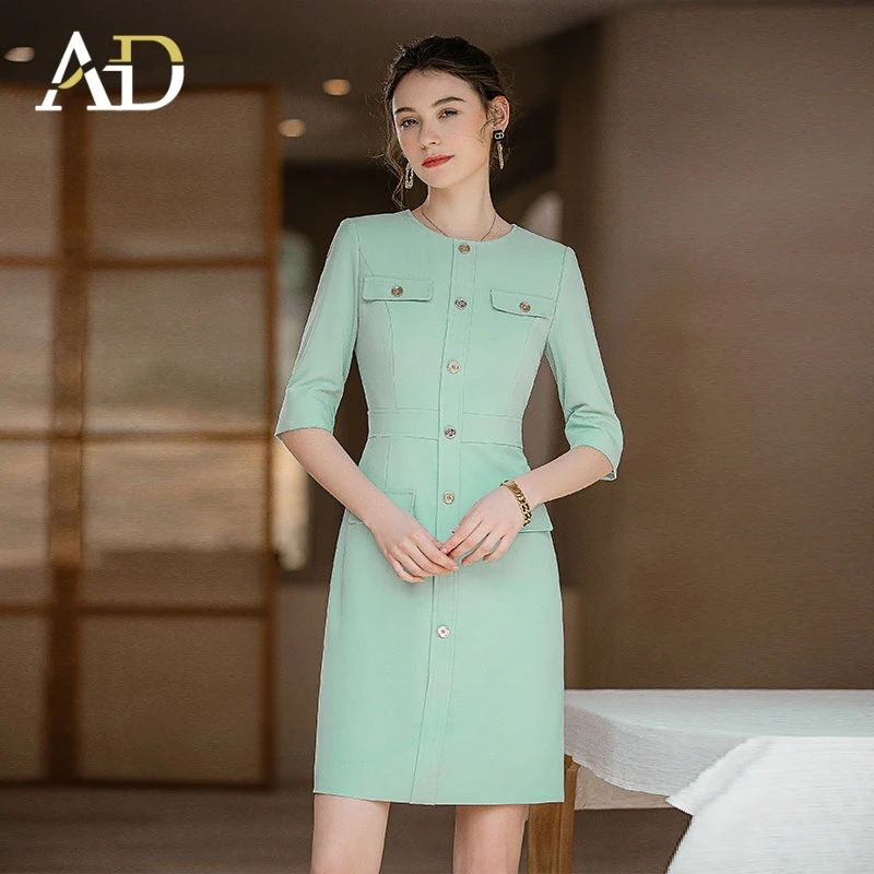 AD名媛小香风Q783肌理感连衣裙女湖水绿色西服裙气质职业职场女装