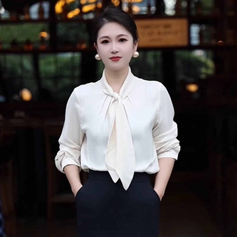 2024秋季新款气质蝴蝶结系带职业时尚衬衫女围巾领长袖衬衣C3001