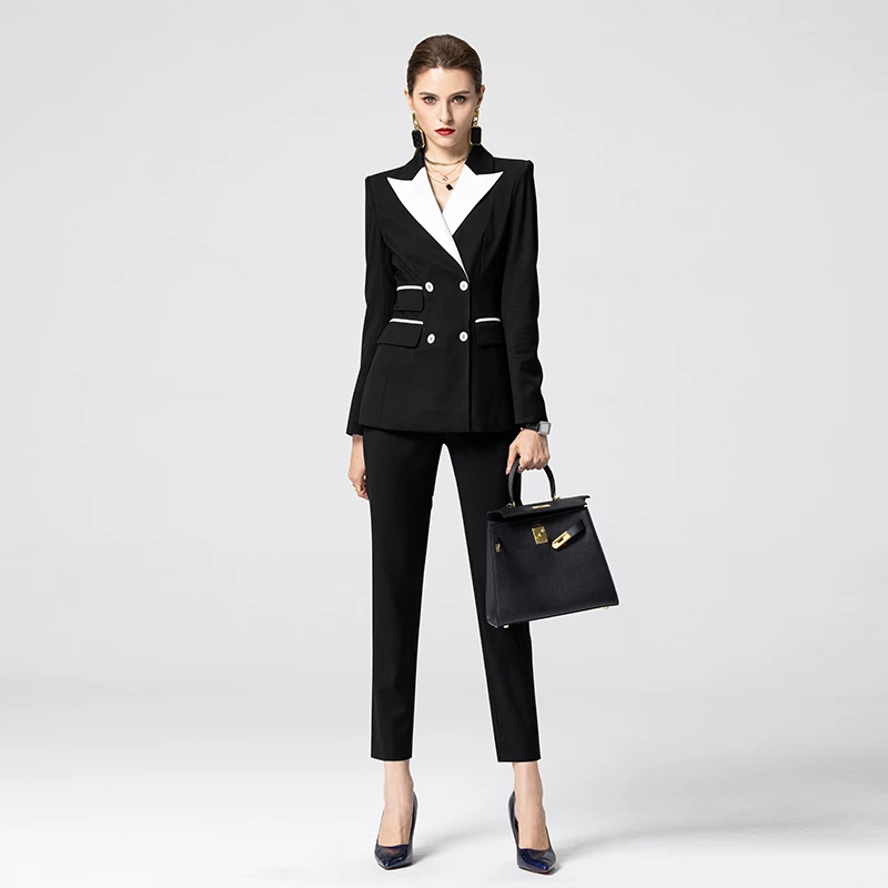 睿诺西装套装气质时尚女士黑色修身商务通勤女神范长袖X201098