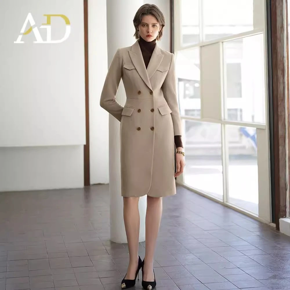 AD高端正装裙子2024新款双排扣西装外套中长款燕麦色教师职业工装