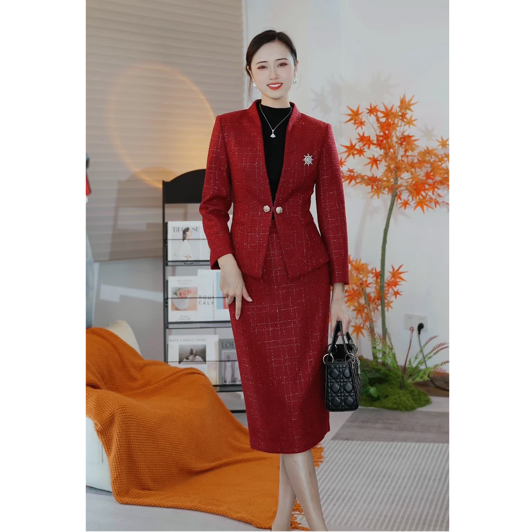 显瘦气质轻奢时尚法式收腰修身小香风红色套裙网红中长款AS1013