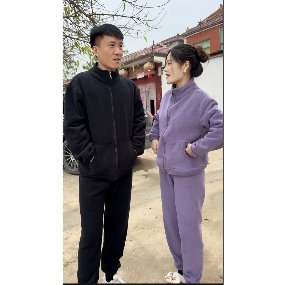 海豚绒大口袋男女同款二代升级外穿加绒加厚套装家居服0666