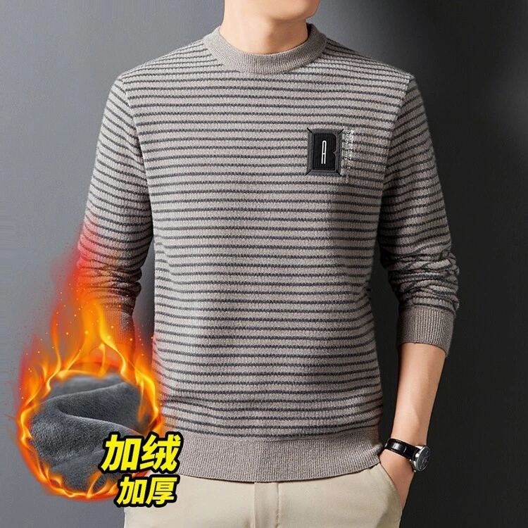 男士冬季加绒加厚条纹百搭时尚洋气休闲圆领针织毛衣1034