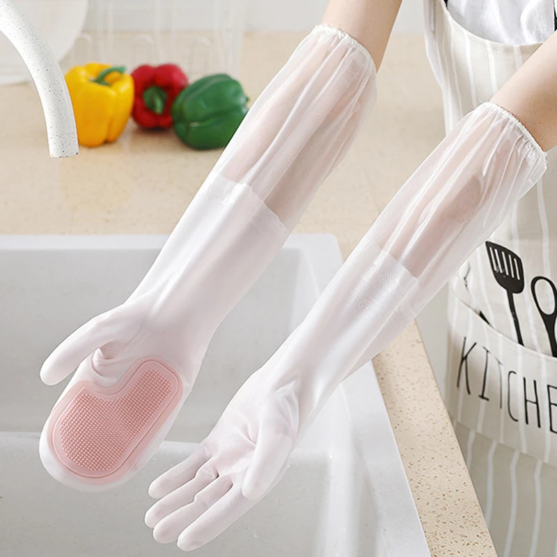 洗碗手套女耐用型厨房家用加长版男女带刷子硅胶防滑清洁刷碗专用