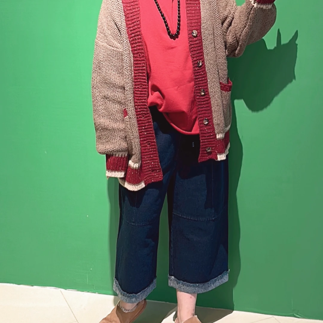 【程雅大码】秋冬24新款高腰松紧腰抽绳拼接翻边八分长直筒牛仔裤女