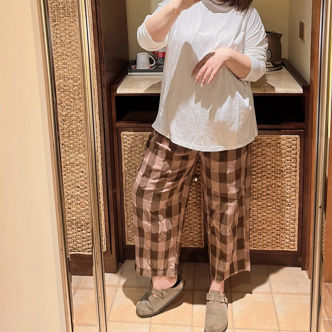 【程雅大码】春夏时尚四色格子裤松紧腰哈伦外穿休闲日系休闲裤