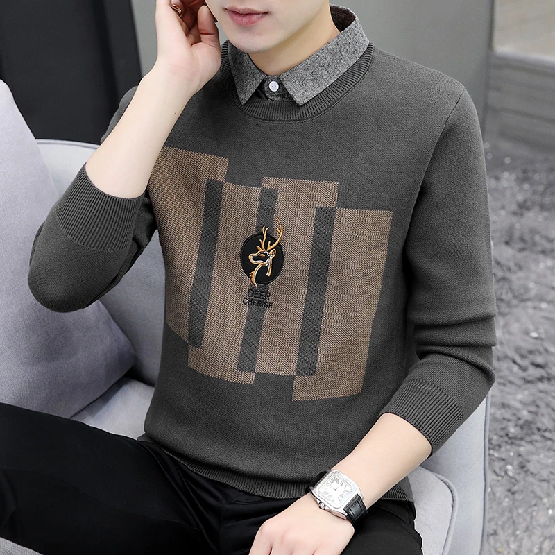 【小扬哥推荐】假两件毛衣加绒男士秋冬季新款衬衫领休闲上衣潮流