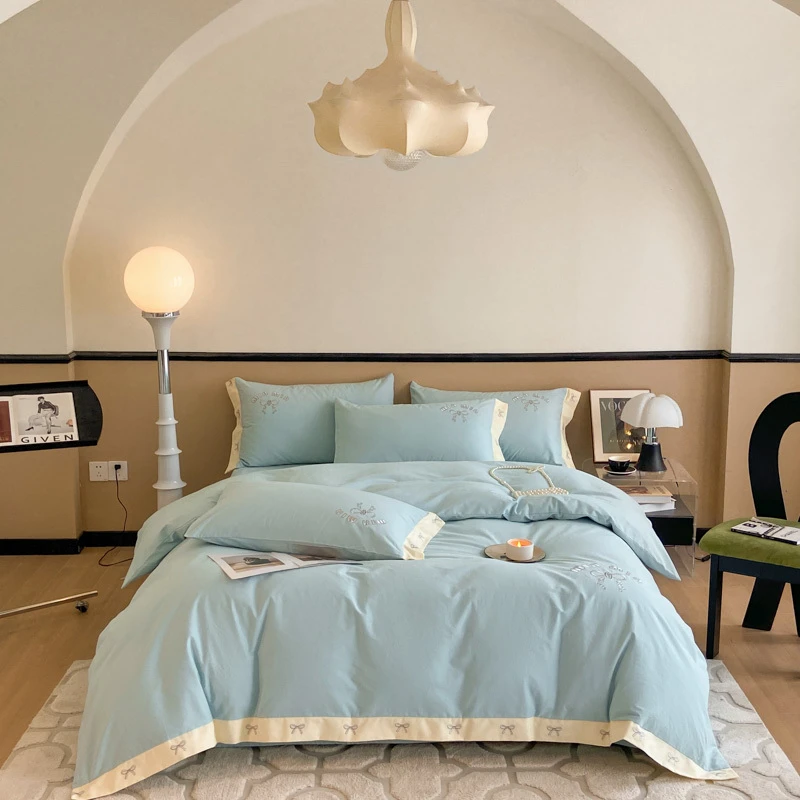 秋冬A类全棉磨毛四件套时尚系列全棉加厚简约双拼绣花小清新轻奢