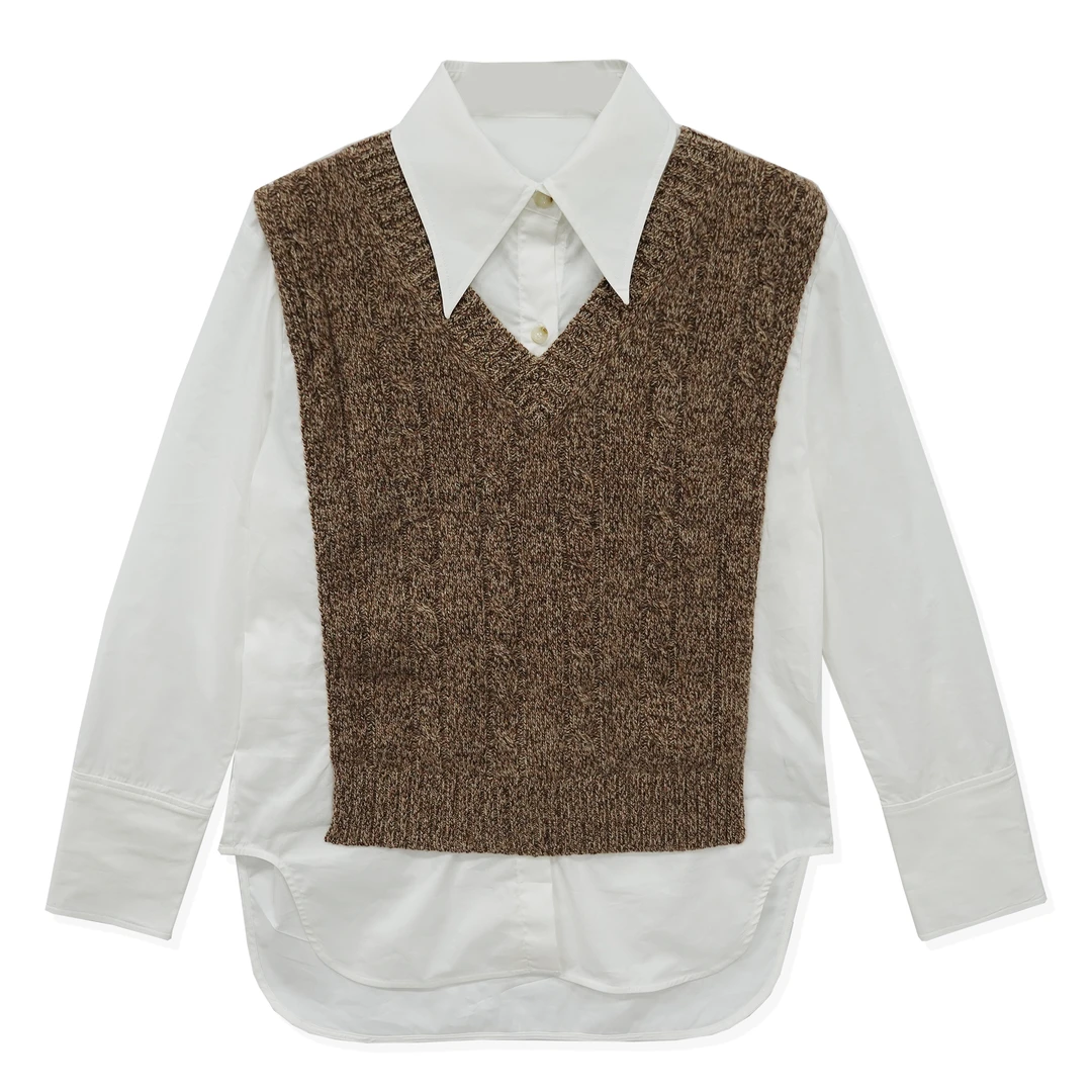 【九九专享】国外品牌！！女装秋冬新款衬衫拼接假两件针织衫/21416