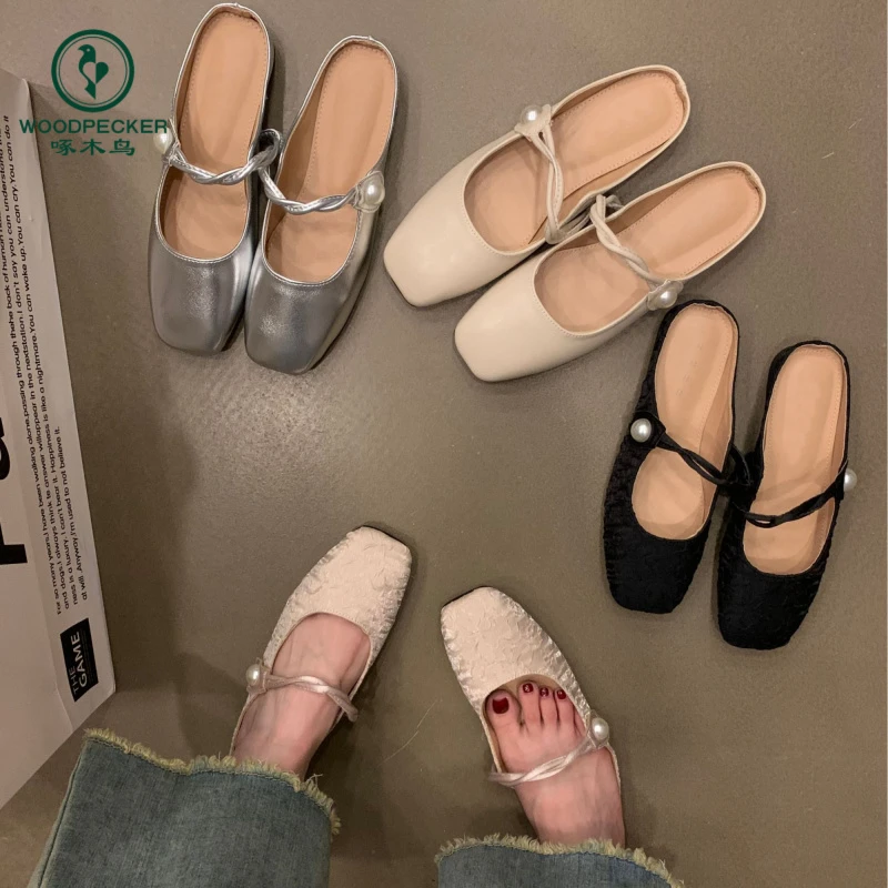 啄木鸟平底包头半拖鞋女鞋外穿2024新款春夏季法式玛丽珍半托单鞋