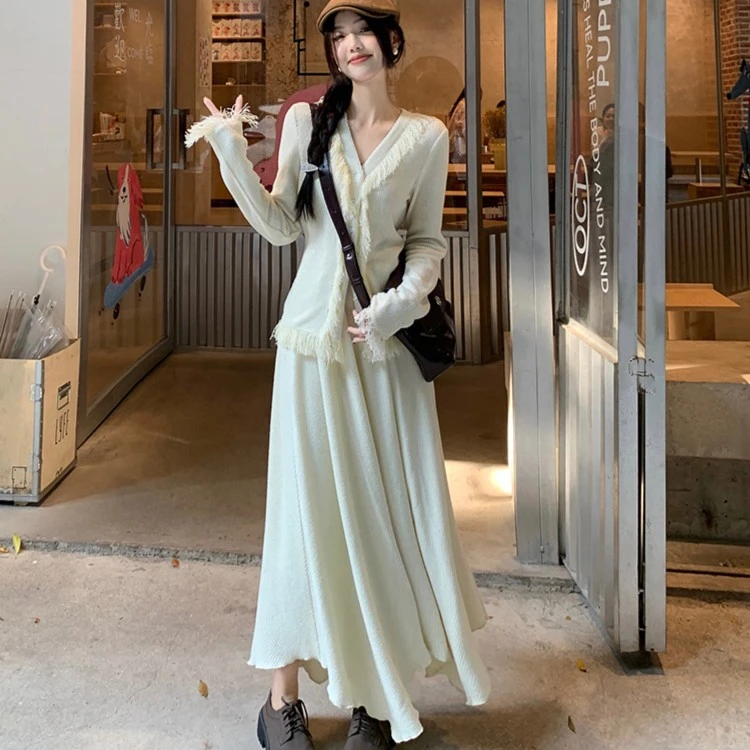 复古慵懒毛圈流苏针织开衫上衣半裙套装女秋冬新款时尚气质小香风