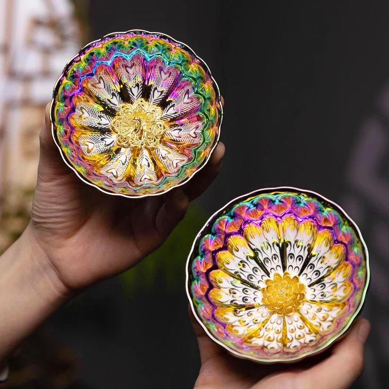 七彩雀羽主人杯七彩孔雀窑变釉下彩茶杯家用功夫个人专用茶具