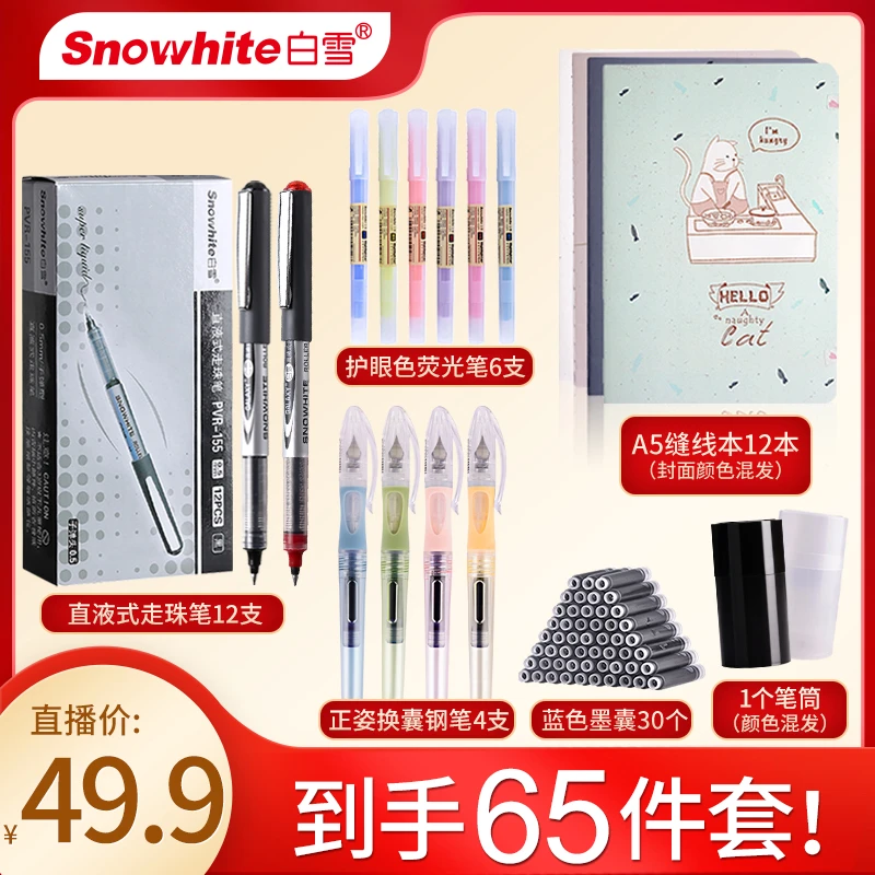 【白雪】65件组合装直液式速干走珠笔练字钢笔荧光笔缝线本