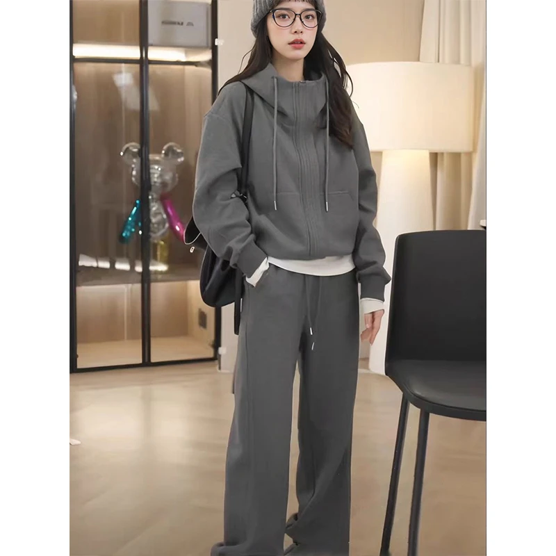 D3018窄版阔腿裤小个子定制加绒秋冬休闲运动套装连帽两件套时尚