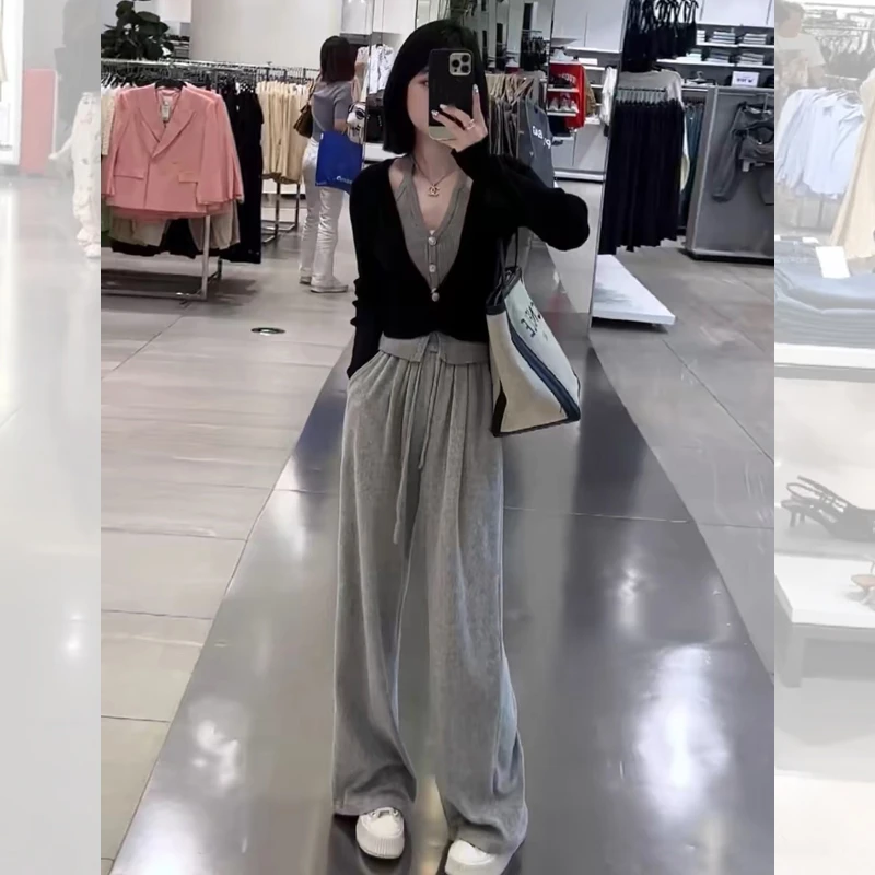 1089减龄休闲套装女2025新款挂脖运动假两件针织上衣阔腿裤两件套