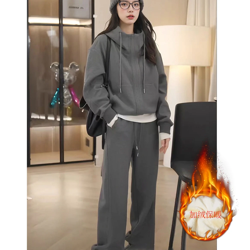 3016加绒小个子定制洋气减龄休闲运动套装女冬时尚卫衣两件套长袖