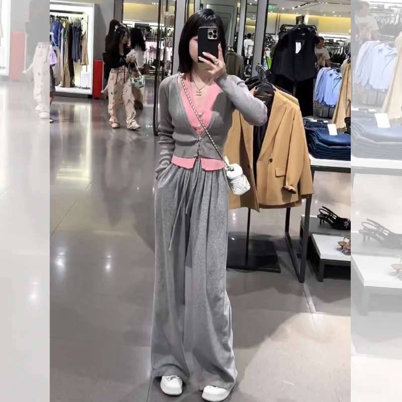 1089减龄休闲穿搭套装女秋冬新款挂脖假两件针织上衣阔腿裤两件套