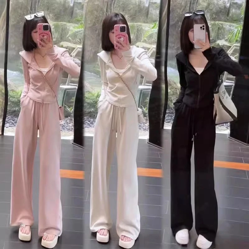 1086小个子运动休闲套装女2025新款洋气连帽卫衣阔腿裤两件套女装