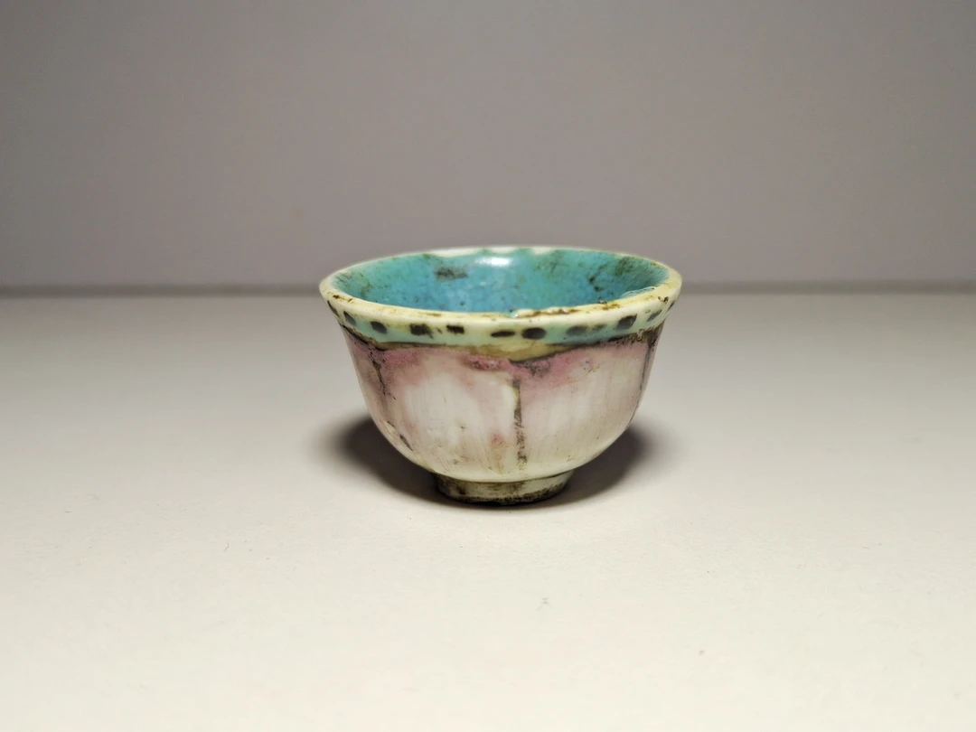清代莲瓣纹酒杯/全品无磕无冲线/粉彩，松石绿釉/包老/景德镇瓷器