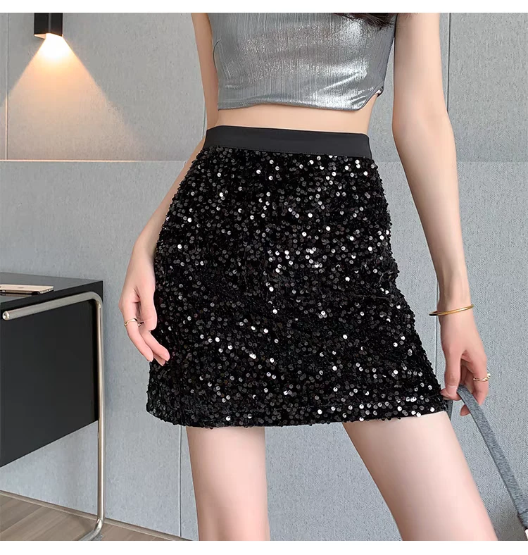 丝绒亮片半身裙女2024秋新款闪耀繁星松紧腰包臀a字重工闪闪短裙