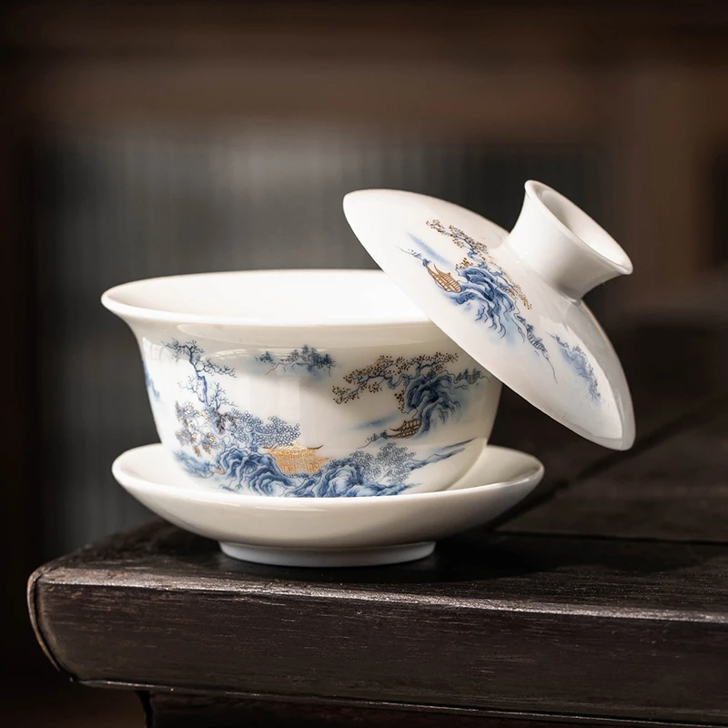 羊脂玉悬停盖碗茶杯陶瓷单个高端泡茶功夫三才碗德化白瓷茶碗茶具