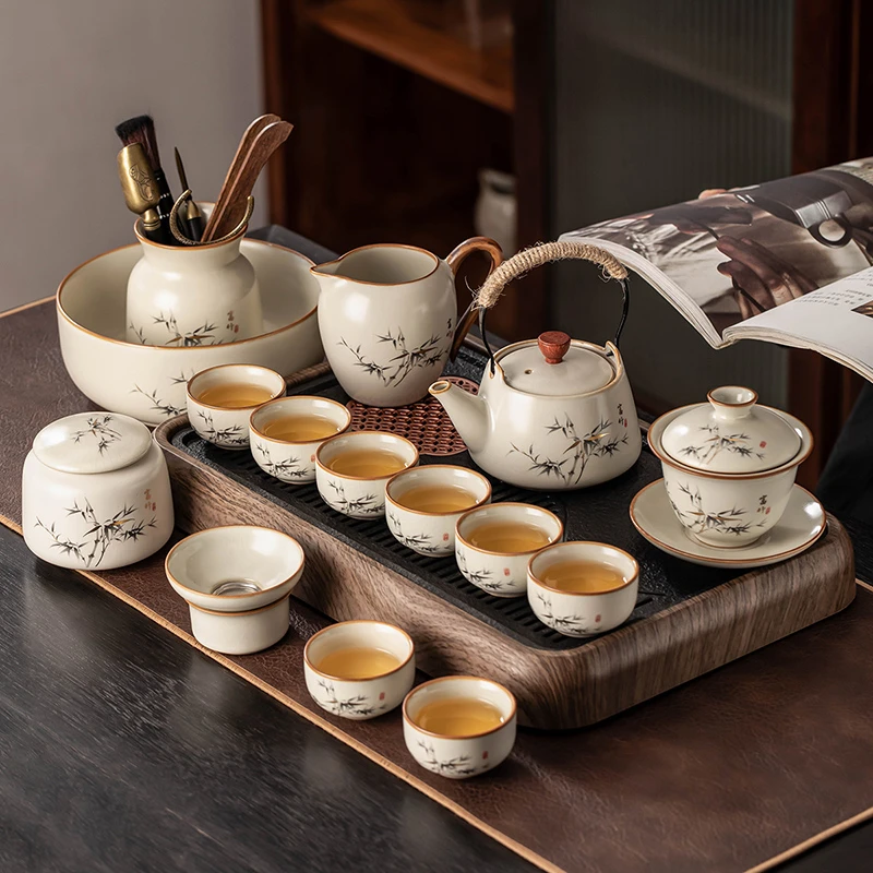 汝窑功夫茶具套装家用2025新款办公室喝茶泡茶盖碗茶壶茶杯子套装