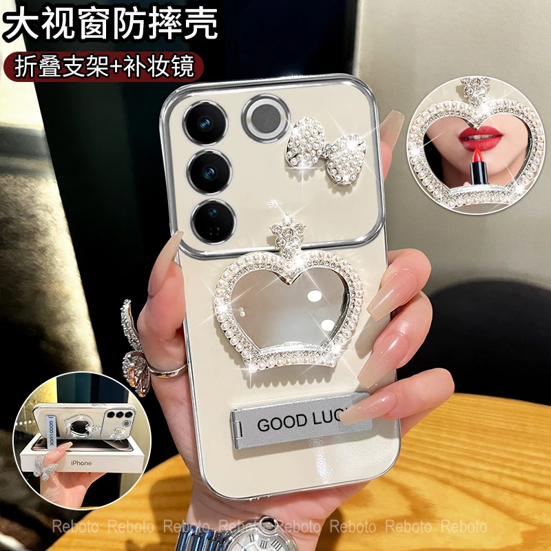 适用vivos16/s16pro皇冠补妆镜大视窗手机壳创意电镀防摔网红女款