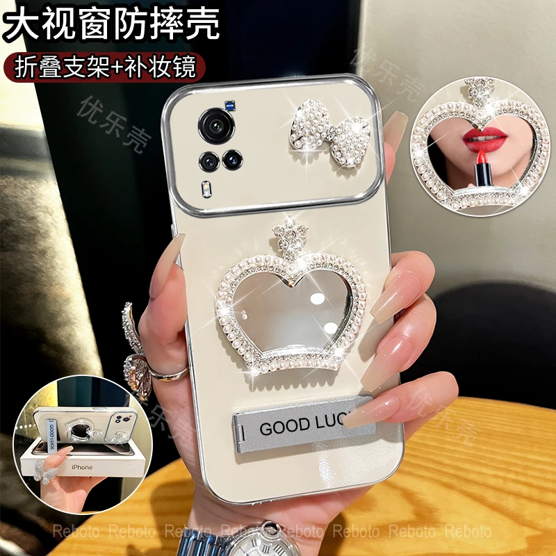 适用vivox60/x60t皇冠补妆镜大视窗手机壳全包防摔电镀网红女款