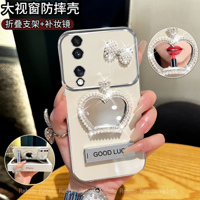适用荣耀90/90pro皇冠补妆镜大视窗手机壳创意电镀防摔网红女款