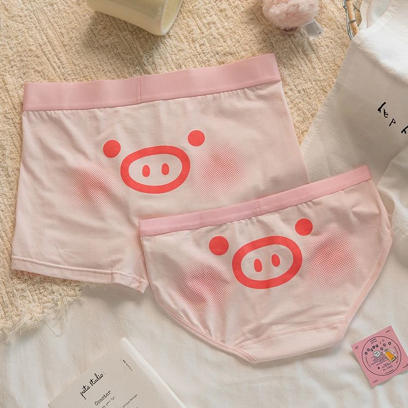 呆萌猪猪~情侣内裤莫代尔棉秋冬一男一女卡通可爱粉色三角平角裤