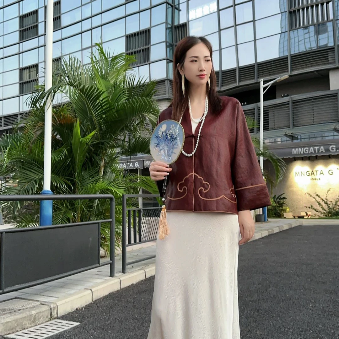 深圳Xu.q重磅油龟红云纱桑蚕丝国风手绘如意上衣外套