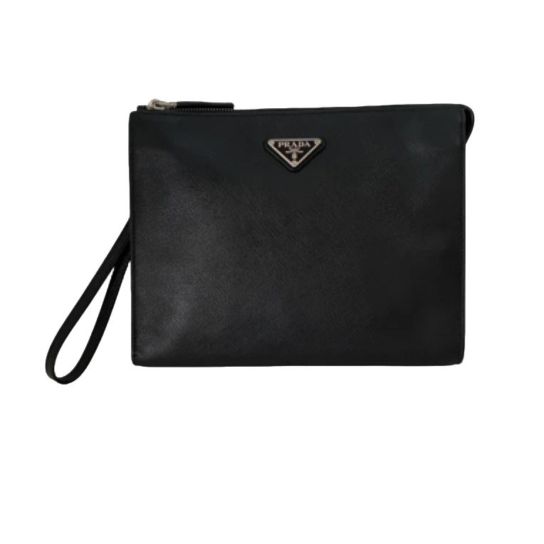 95新 Prada/普拉达 男士休闲时尚百搭全皮黑色十字纹手拿包/871