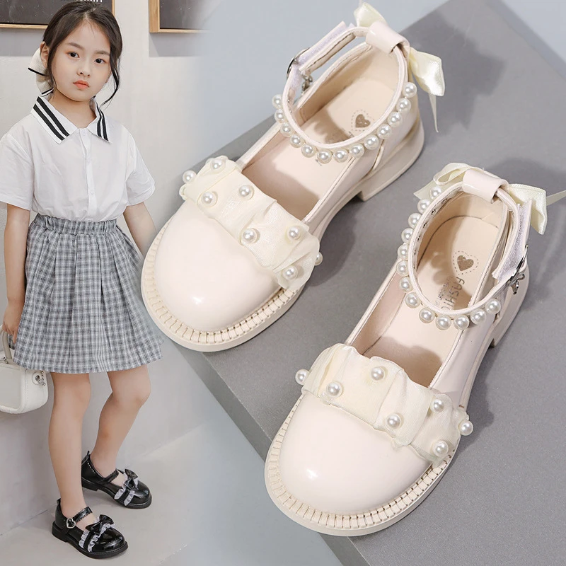 女童小皮鞋2023春秋新款软底公主鞋珍珠鞋中大童女孩小学生演出鞋