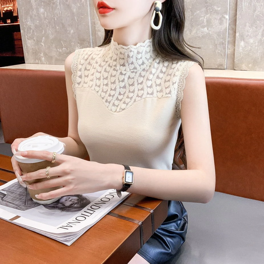 德绒冬季加厚保暖无袖背心女蕾丝打底衫女镂空洋气保暖内衣保暖衣