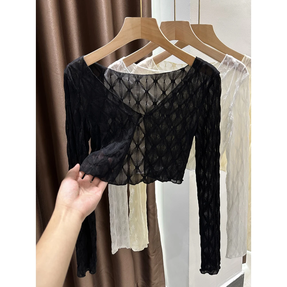 夏季v领蕾丝披肩新款女短款网纱开衫吊带裙外搭长袖薄款罩衫镂空