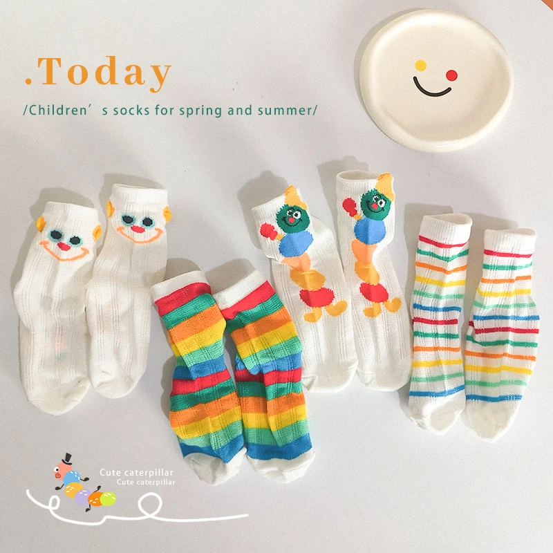 儿童袜子春夏季薄款男童女童韩版彩虹条纹网眼袜宝宝夏天透气短袜