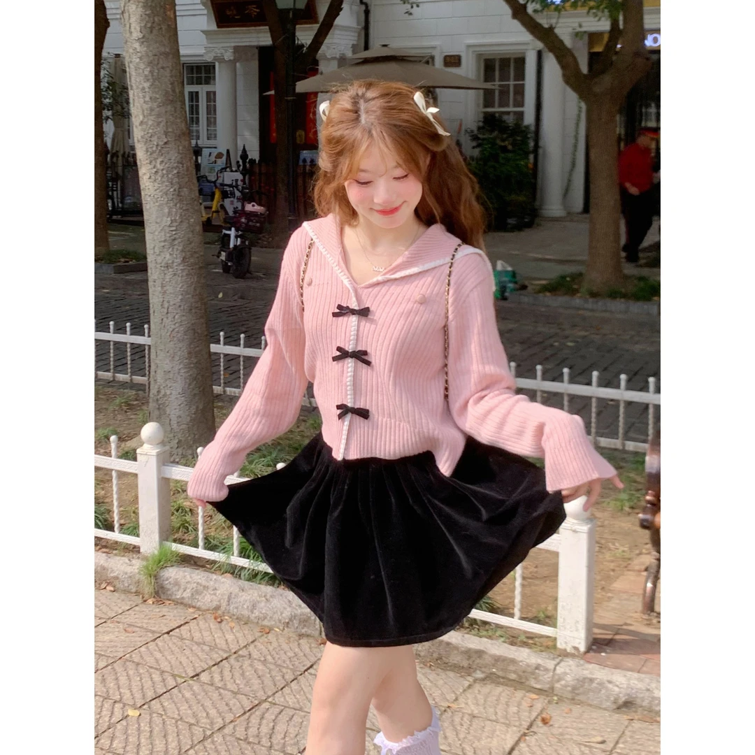 甜大王【丝绒黑巧】高腰百褶黑丝绒半身裙女秋季小个子显瘦a字裙