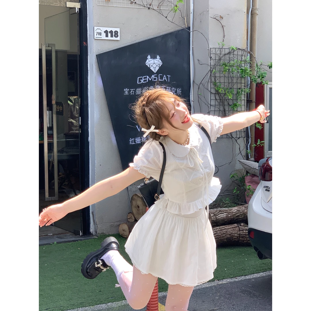甜大王【纯白少女】白色系带娃娃领短袖上衣小个子半身裙女甜美套装