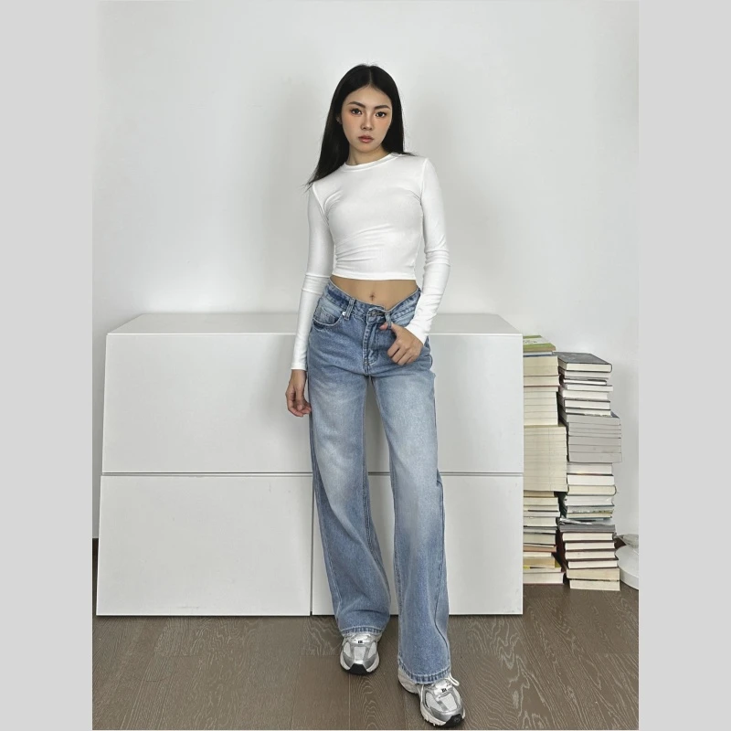 MIMIETTE小个子宽松复古简约中腰直筒牛仔裤女辣妹显瘦Jennie裤子