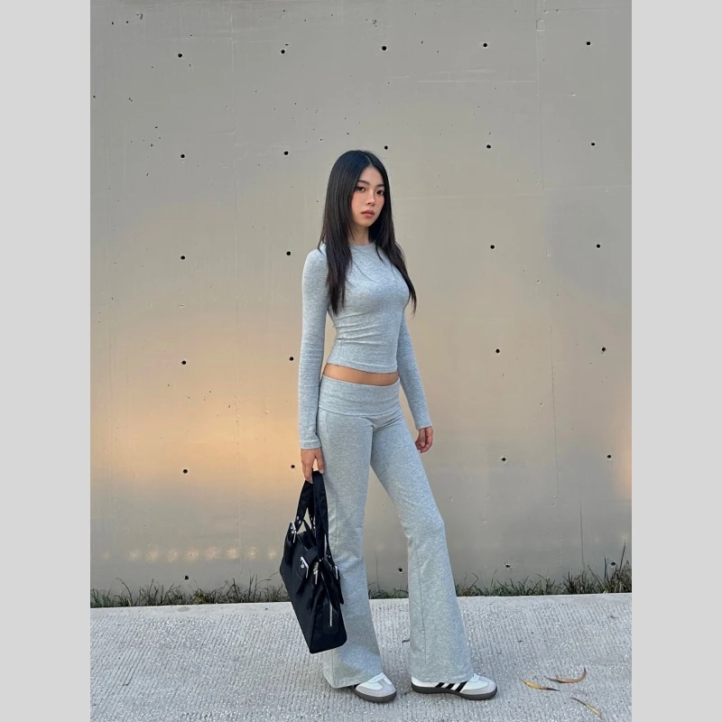 MIMIETTE 原创辣妹低腰弹力卷腰微喇叭休闲裤Bella风垂感修身卫裤