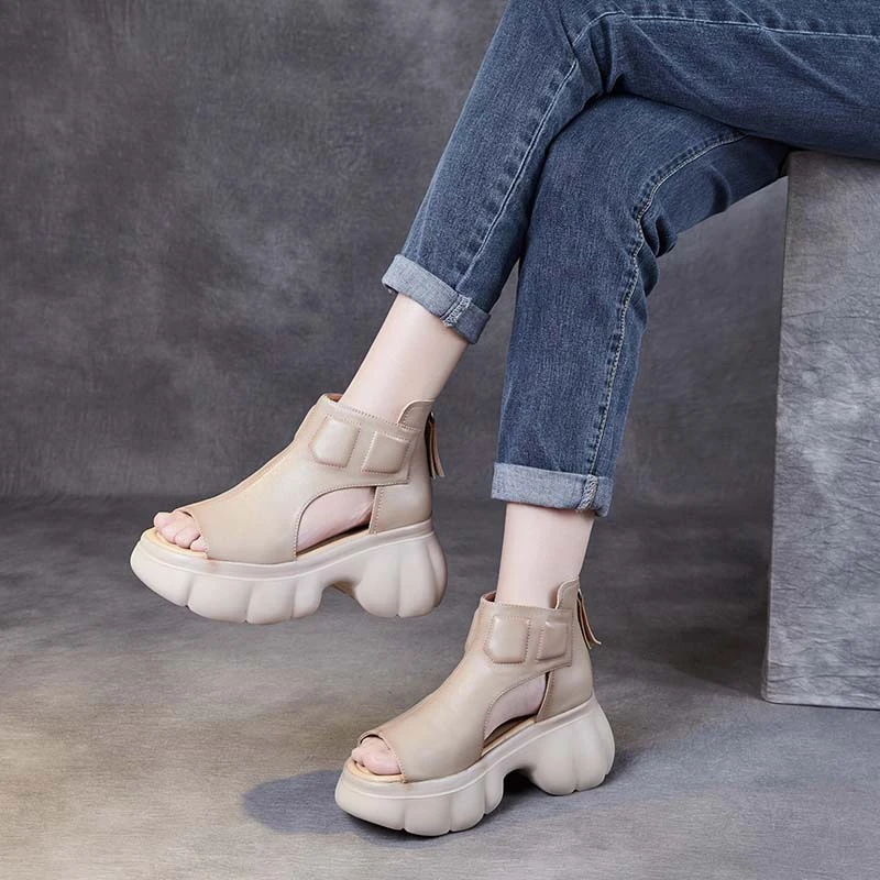 春夏新款头层牛皮松糕厚底凉靴高跟复古休闲百搭粗跟鱼嘴凉鞋软底