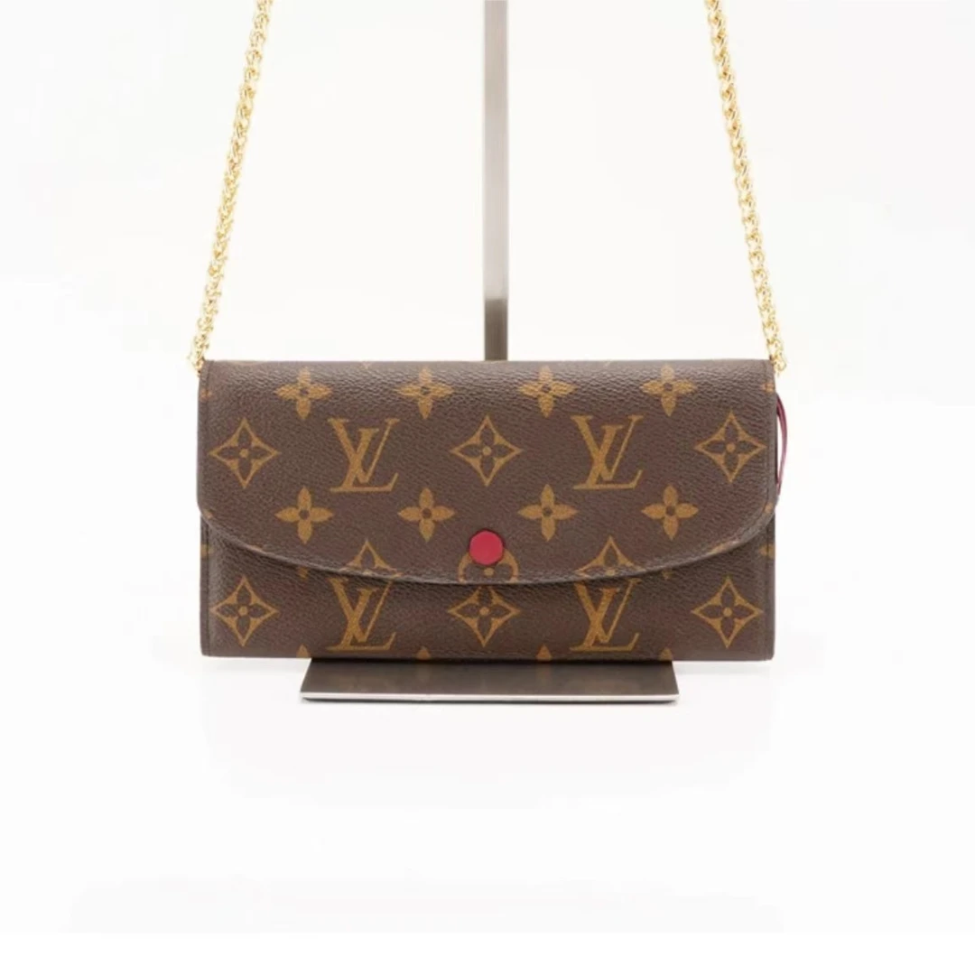 99新 LouisVuitton/路易威登 豆豆钱包玫红色配链条