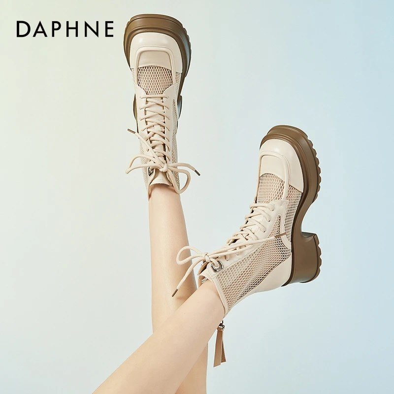 达芙妮网面高帮马丁靴2025爆款夏季网纱透气增高时尚百搭女士短靴